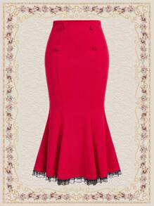 SHEIN DECDS 紐扣細節蕾絲邊魚尾短裙 - 酒紅色 - 查看 1