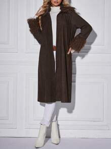 SHEIN Clasi Fuzzy Trim Open Front Coat - Coffee Brown - View 6