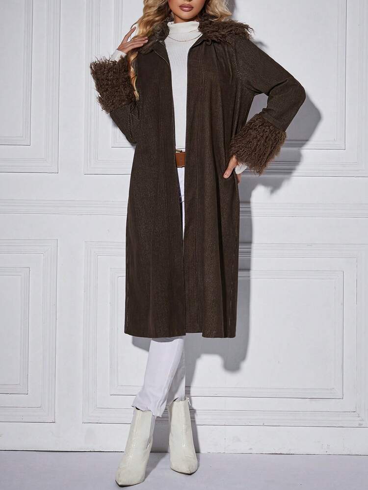 Fuzzy Trim Open Front Coat