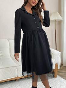 SHEIN Thai sản Nút phía trước Lưới tương phản Đầm - màu đen - Xem 5
