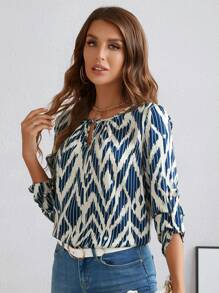 SHEIN LUNE Allover Print Keyhole Neck Roll Tab Sleeve Blouse - Navy Blue - View 4