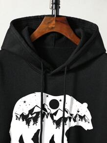 大碼動物印花袋鼠口袋抽繩保暖連帽衫 - 黑色 - 查看 3