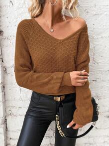 SHEIN LUNE Chèn ren Guipure Cắt bỏ trở lại Tay Raglan Áo len - màu nâu - Xem 3
