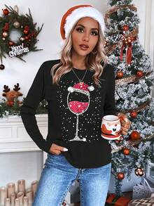 SHEIN LUNE Áo thun in hình Giáng sinh Áo thun họa tiết cho nữ - màu đen - Xem 5