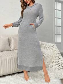 Drop Shoulder Drawstring Hooded Lounge Dress - Grey - View 3
