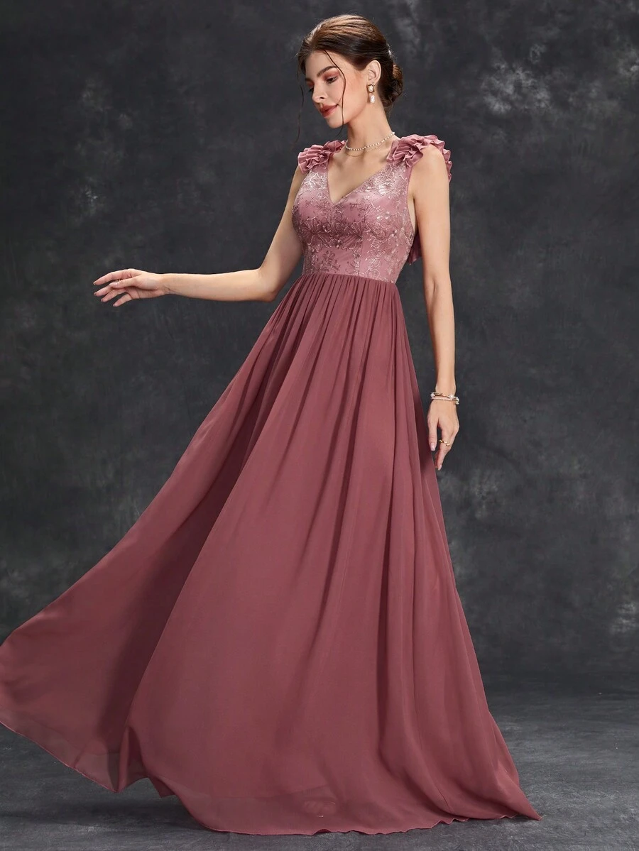 荷葉邊裝飾刺繡細節綁帶露背雪紡正式洋裝 - 粉色 - 查看 1