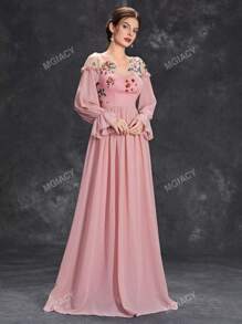 Floral Embroidery Flounce Sleeve Chiffon Bridesmaid Dress