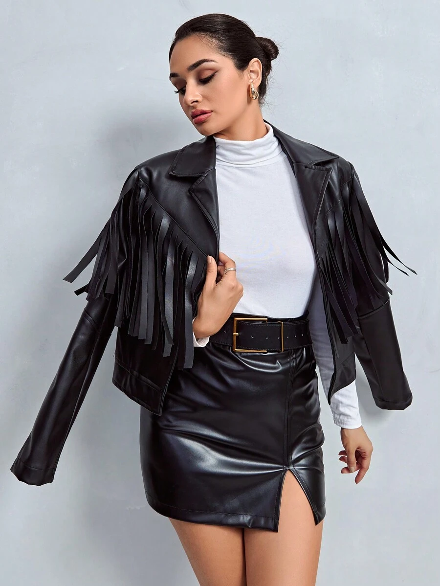 EURMUSE Fringe Trim PU Leather Jacket - Black - View 1