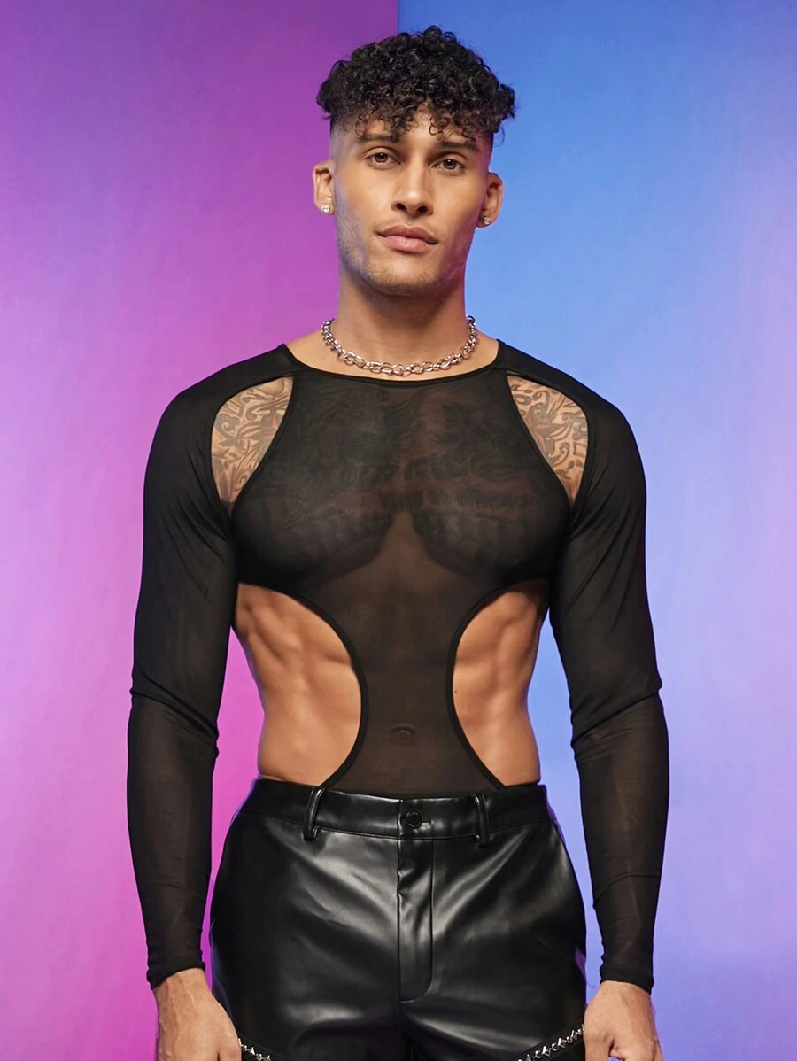 FeverCity 男士素色鏤空網紗T恤 - 黑色 - 查看 1