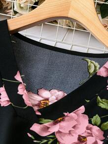 Plus Floral Print Flare Sleeve Blouse Fall Cloth For Women - Black - View 3