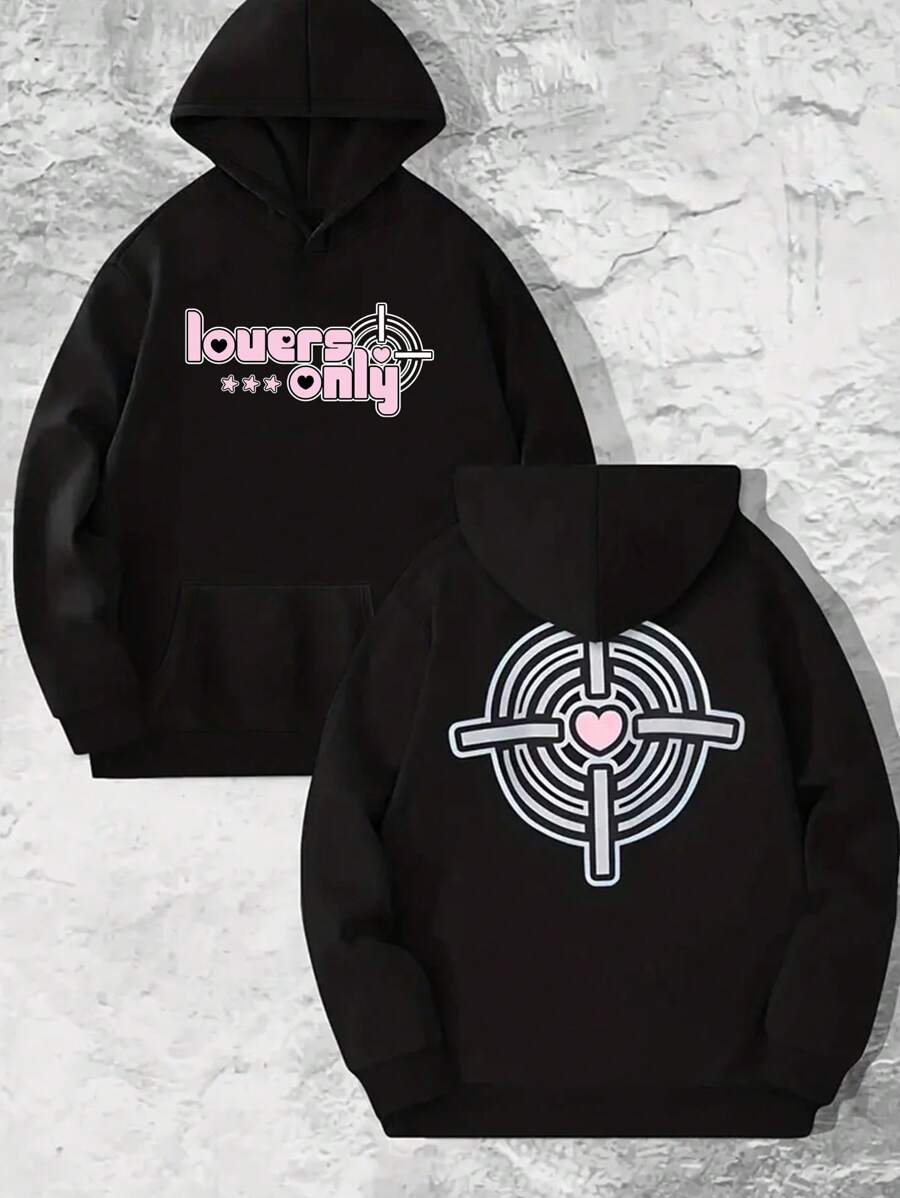 男士1入組字母圖案抽繩連帽衫 - 黑色 - 查看 1