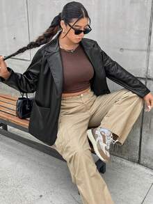 Flirla Plus Lapel Neck Leather Look Blazer - Black - View 6