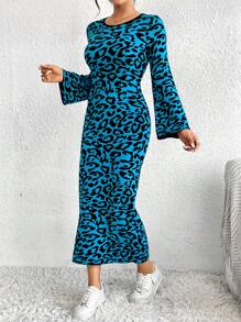 SHEIN Essnce Hoa văn Báo tay áo lá sen Đầm Áo len - Màu xanh lam - Xem 1