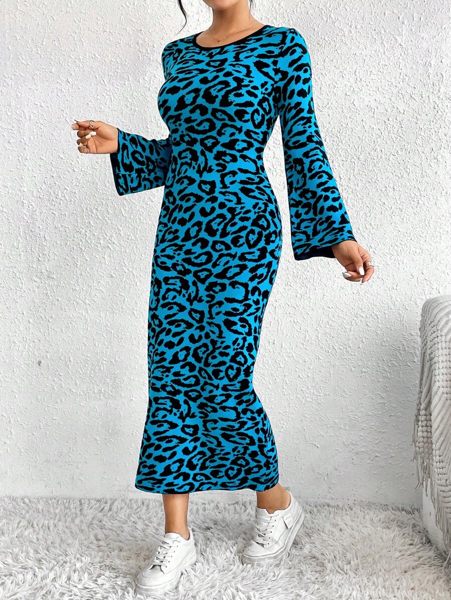 SHEIN Essnce Hoa văn Báo tay áo lá sen Đầm Áo len - Màu xanh lam - Xem 1