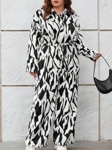 SHEIN Essnce Plus Allover Print Belted Shirt Jumpsuit - Black and White - View 5