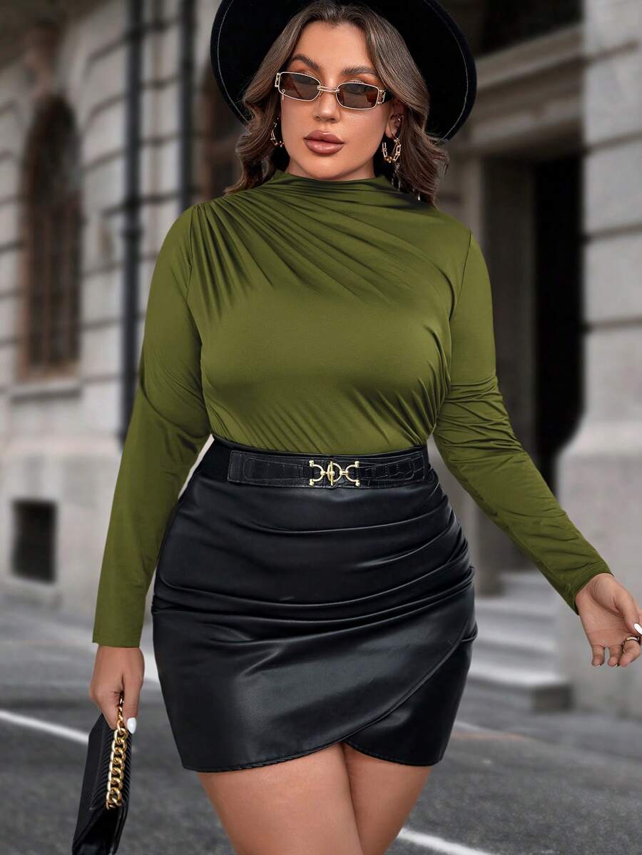 SHEIN Clasi Plus Mock Neck Ruched Tee - Army Green - View 1