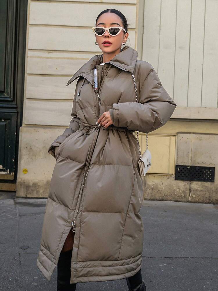 Zip Up Snap Button Drawstring Waist Padded Thick Pockets Coat, Women Winter Coat