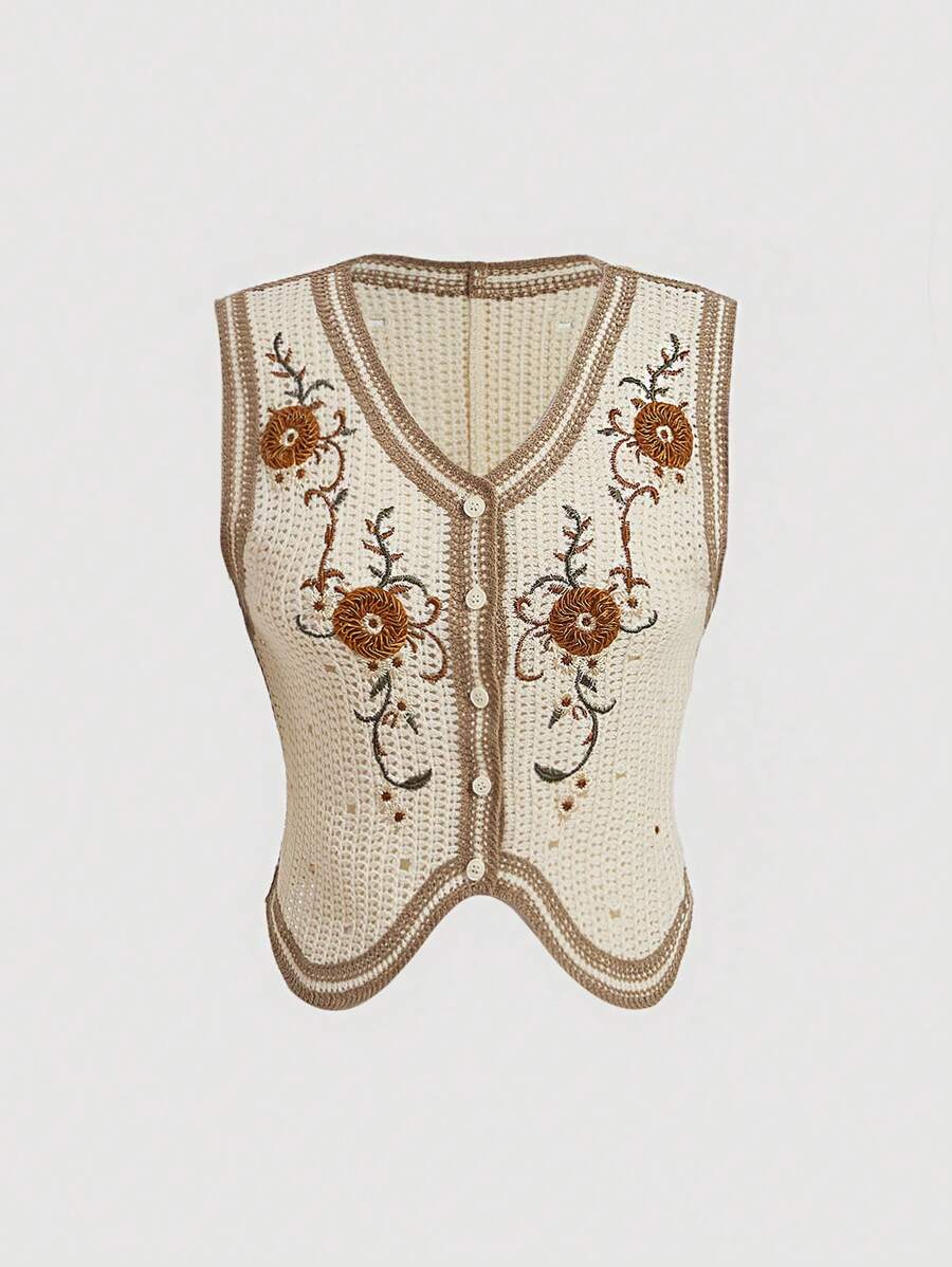 SHEIN MOD 花卉刺绣纽扣前毛衣背心（不含衬衫） - 杏色 - 查看 1