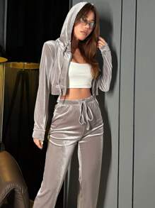 SHEIN Unity Dây kéo Dây rút Mùa vụ Nhung Áo Hoodie & Quần - Xám - Xem 5