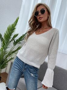 SHEIN LUNE 1pc Solid Flare Sleeve V Neck Sweater - Apricot - View 7