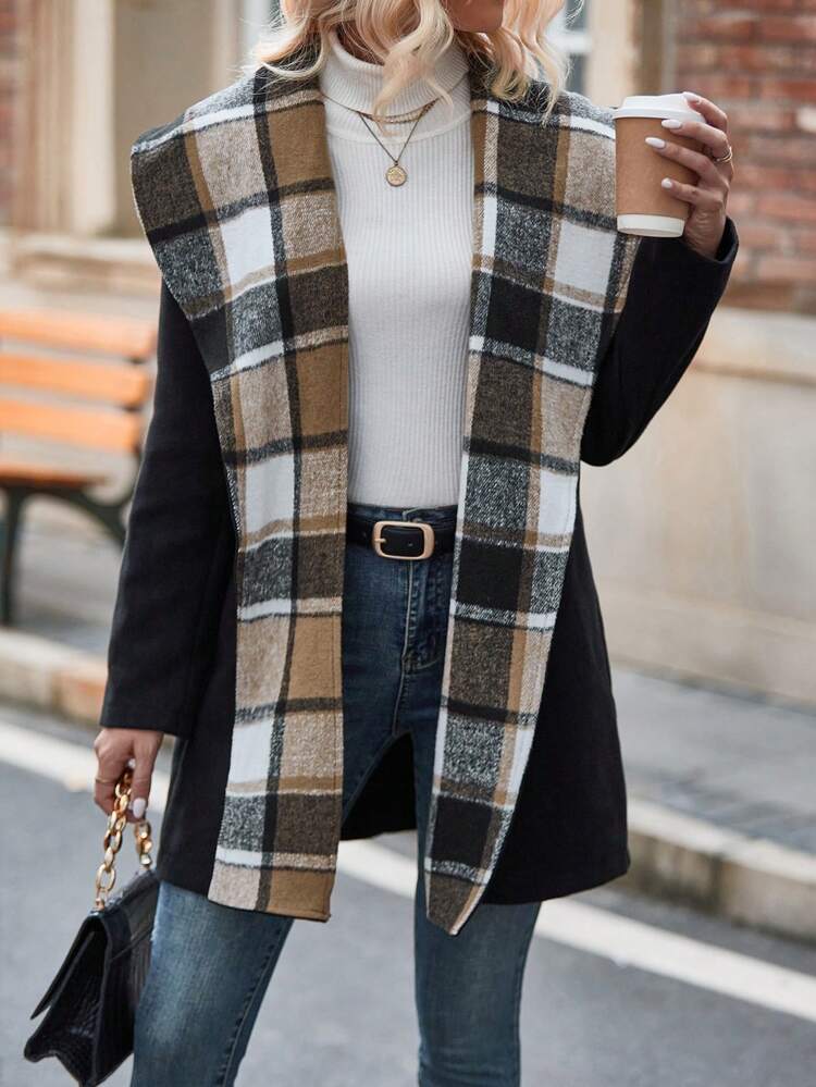Plaid Print Shawl Collar Open Front Overcoat