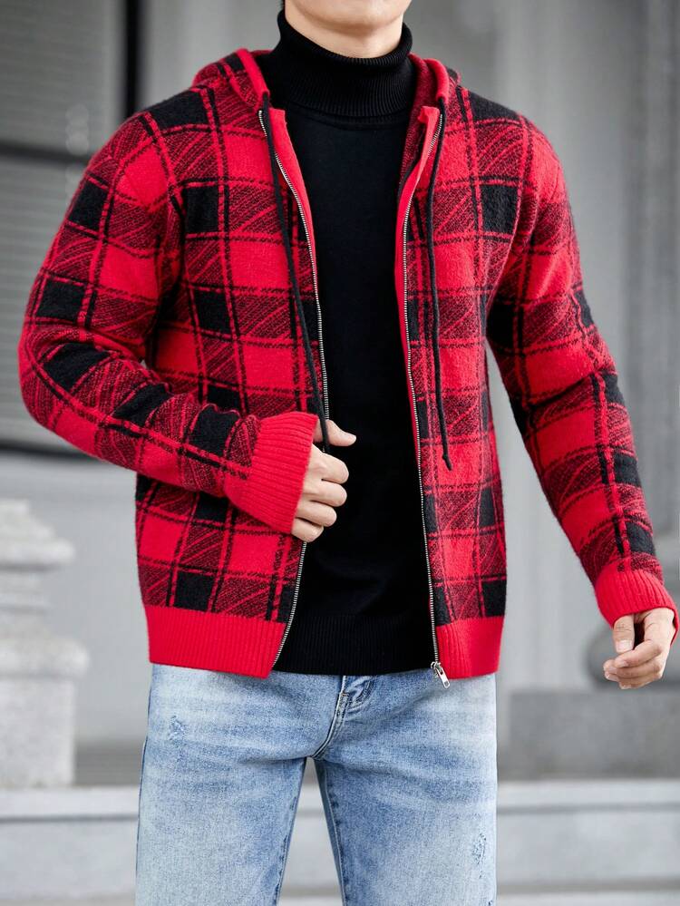 Men Plaid Pattern Drawstring Hooded Cardigan