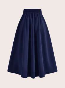 Ellevyn Button Detail Fold Pleated Detail Flare Skirt - Navy Blue - View 3