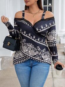 Calvaya 大码女式无袖露肩长袖印花蕾丝拼布裹身休闲 T 恤 - 彩色 - 查看 5