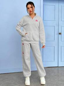SHEIN EZwear Cherry Graphic Drop Shoulder Sweatshirt & Sweatpants - Grey - View 5