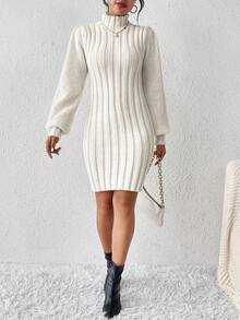 SHEIN Frenchy Áo cao cổ Tay áo lồng đèn Đầm Áo len - Đen và trắng - Xem 6