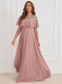 Embroidery Detail Ruffle Trim Chiffon Formal Dress, Bridesmaid Dress - Dusty Pink - View 4