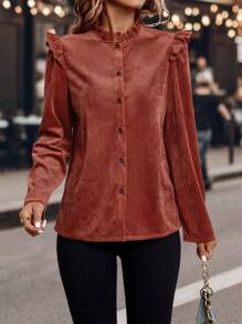SHEIN Clasi Frill Neck Ruffle Trim Button Front Blouse - Redwood - View 5