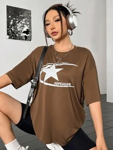 SHEIN Unity Star & Letter Graphic Drop Shoulder Tee - Brown - View 6