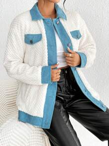 SHEIN Essnce Contrast Trim Drop Shoulder Flap Detail Flannel Coat - White - View 6