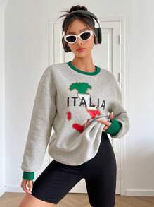 SHEIN EZwear Letter & Map Graphic Contrast Trim Drop Shoulder Sweatshirt - Light Grey - View 4