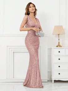 网眼镶饰美人鱼下摆亮片舞会礼服优雅正式晚间婚礼宾客礼服，适合毕业典礼、晚宴派对礼服 - 藕粉色 - 查看 6