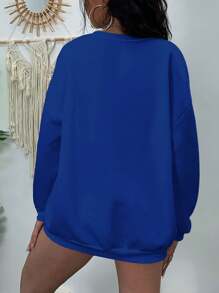 SHEIN EZwear 大碼字母圖案落肩袖運動衫 - 寶藍色 - 查看 2