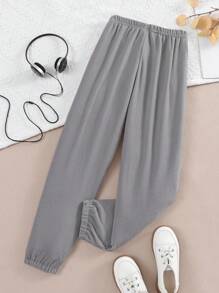 SHEIN Tween Girl Solid Elastic Waist Pants - Dark Grey - View 2