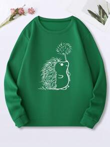 SHEIN EZwear Đồ họa Hoạt hình Lót nhiệt Áo nỉ - màu xanh lá - Xem 1