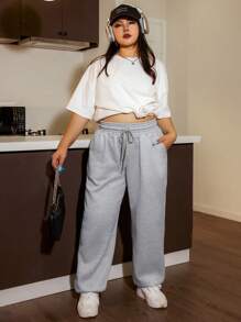 SHEIN EZwear Hơn Chất rắn Eo dây rút Quần thể thao - Xám - Xem 5