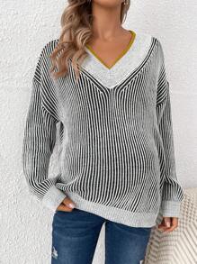 SHEIN Maternity Striped Pattern Contrast Trim Drop Shoulder Sweater, For Winter - Black and White - View 6