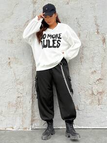 SHEIN EZwear Hơn Đồ họa Chữ cái Thả vai Áo nỉ - trắng - Xem 3