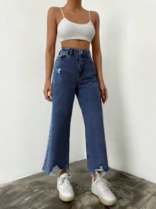 Cottnline Ripped Raw Hem Wide Leg Jeans - Dark Wash - View 5