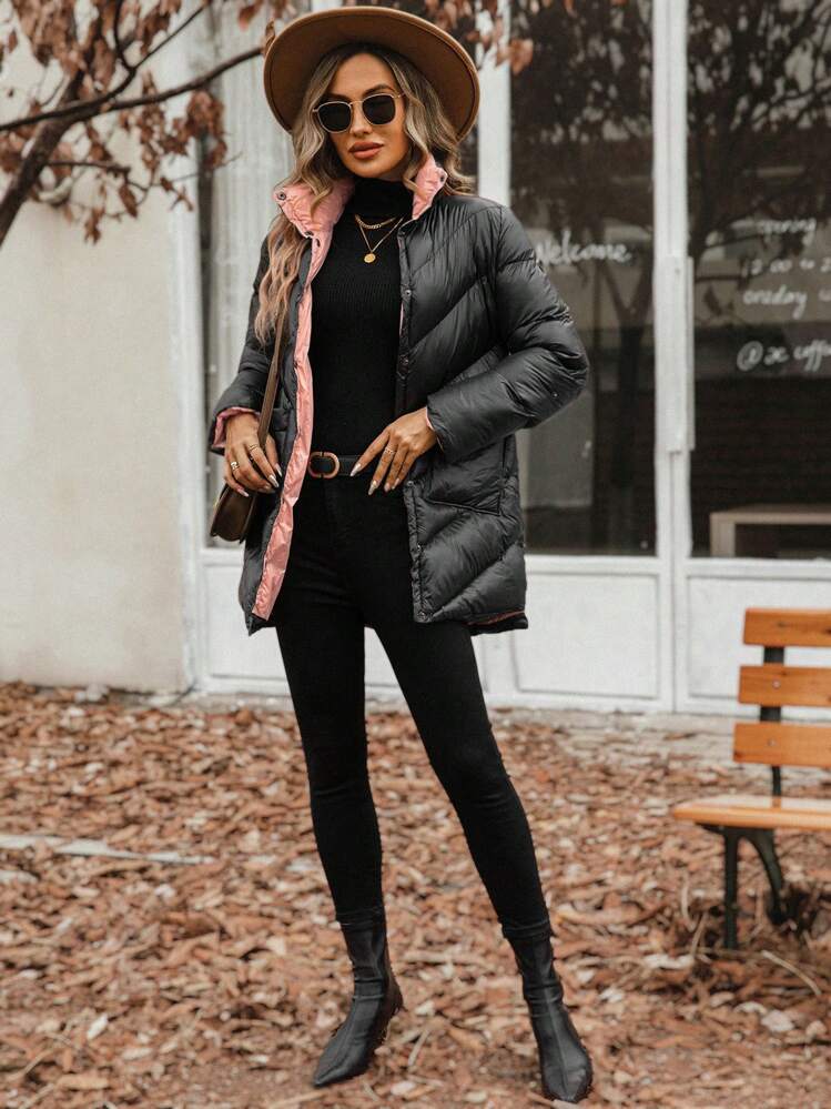 SHEIN LUNE 女式拼接口袋单排扣夹棉大衣 - 黑色 - 查看 6