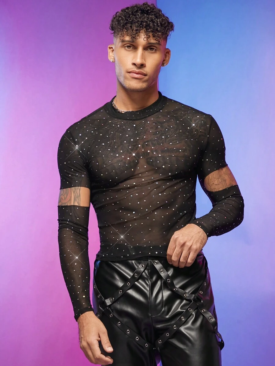 FeverCity Men Cut Out Sleeve Rhinestone Mesh Tee - Black - View 1