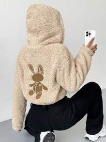 SHEIN EZwear Cartoon Embroidery Drop Shoulder Hoodie - Apricot - View 1