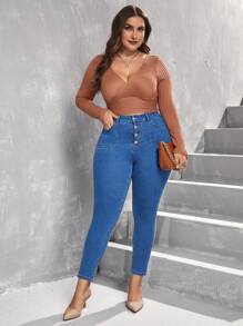 SHEIN Privé Plus Button Fly Skinny Jeans - Medium Wash - View 4