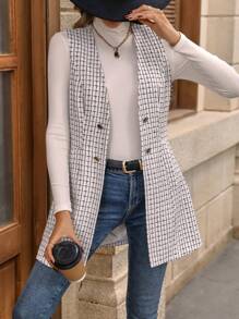 SHEIN Privé Plaid Double Breasted Vest Coat - White - View 4