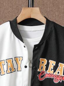 SHEIN Chica preadolescente Cazadora con estampado de letra de dos tonos cuello béisbol con pantalones deportivos sin camiseta