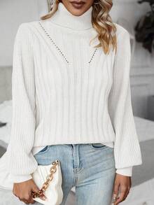 SHEIN LUNE 高領孔眼細節條紋針織套頭毛衣 - 白色 - 查看 6
